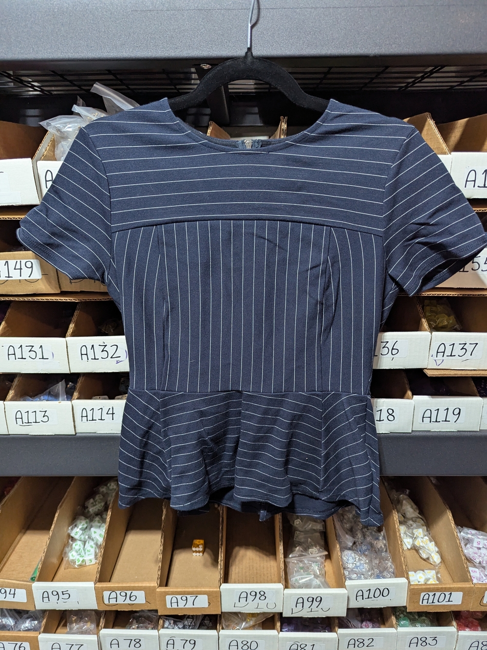 BCBGMaxAzria Navy Pinstripe Peplum Top S